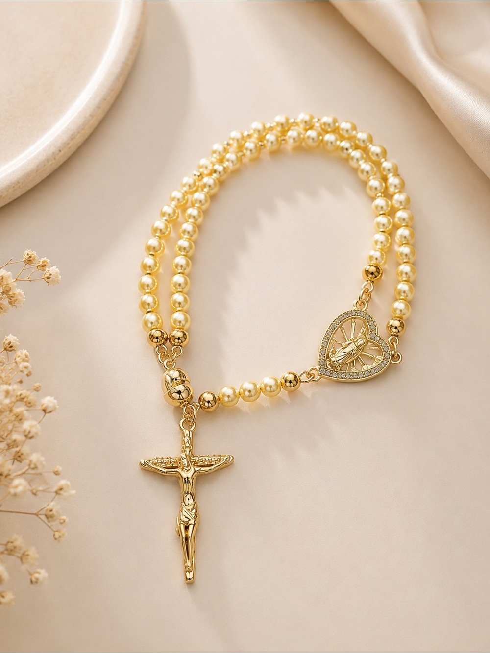 Gold Pearl Rosary Bracelet with Heart Medal and Crucifix
